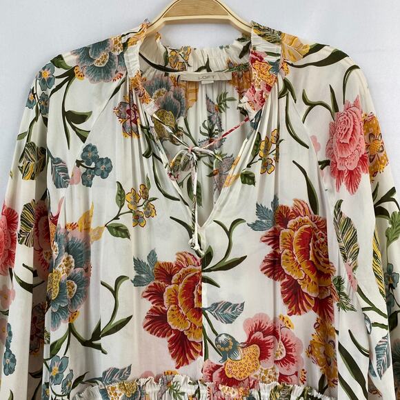LOFT Poppy Bloom Floral Blouse Women XL Multicolor Tassel Tie Neck Cottagecore - Picture 3 of 10
